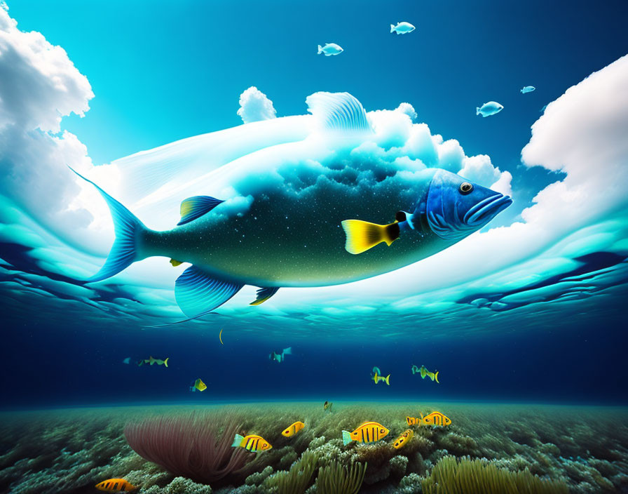 Large Fish Swimming in Surreal Underwater Scene with Sky and Cloud Elements
