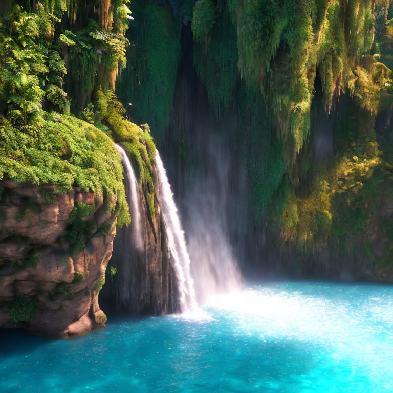Cliffside Waterfall Oasis with Turquoise Pool and Greenery