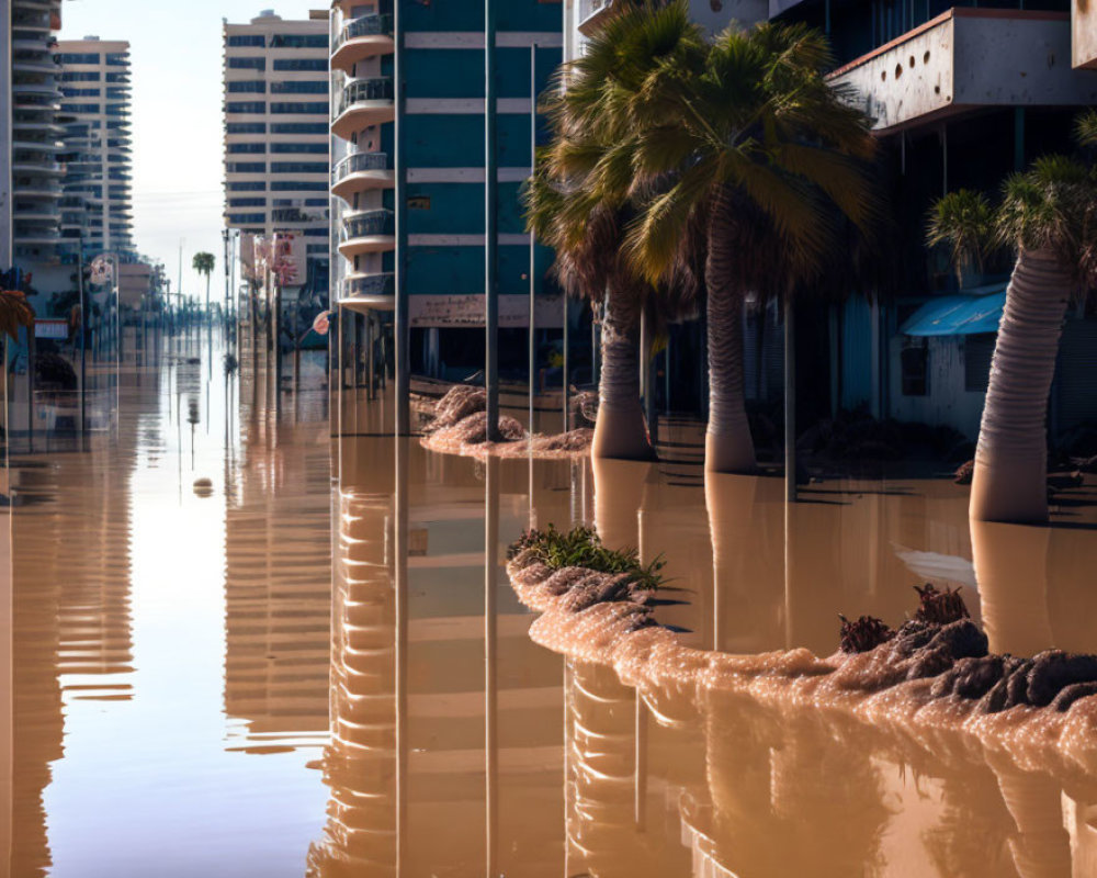City street flooded with calm water, reflecting palm trees and buildings under clear sky