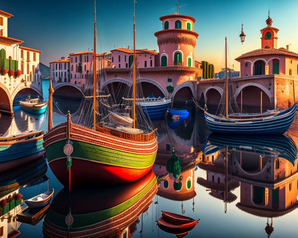 Colorful boats on serene waterway with picturesque buildings and clear sunset sky