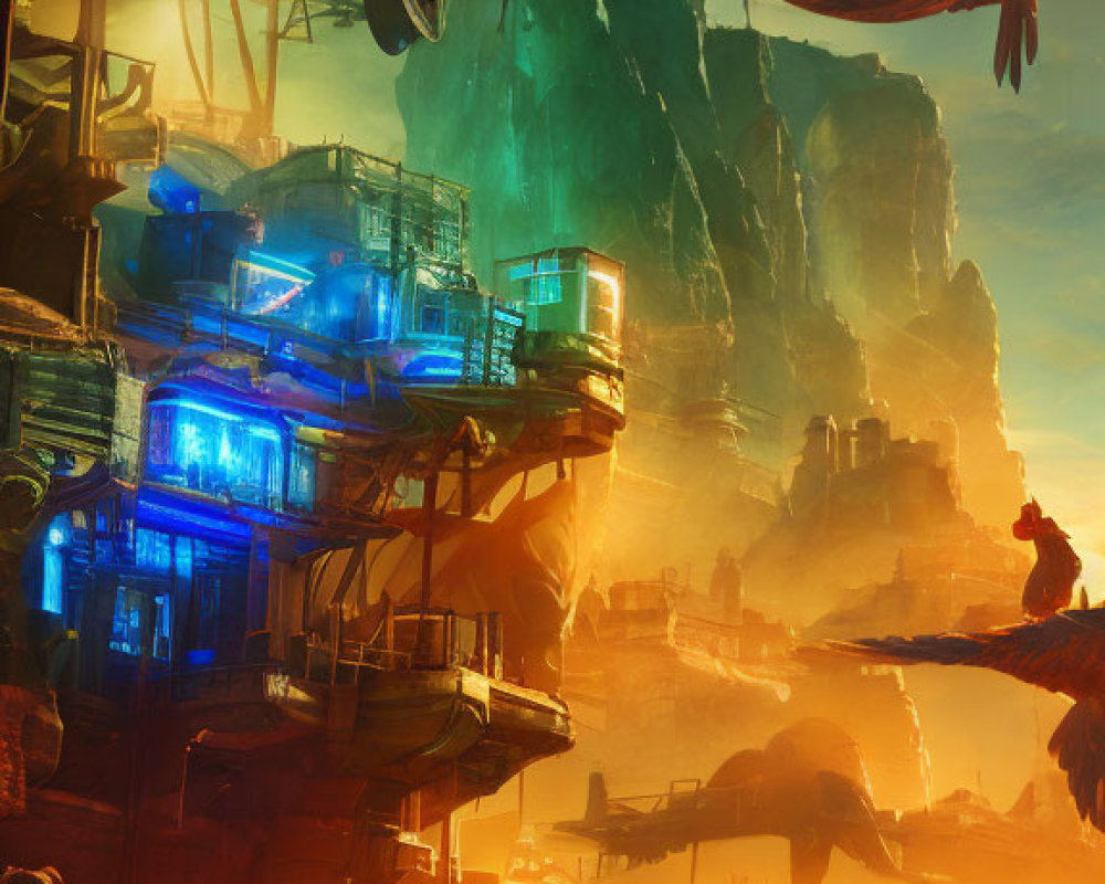 Futuristic blue-lit settlement on rocky outcrop with surreal birds in warm sky