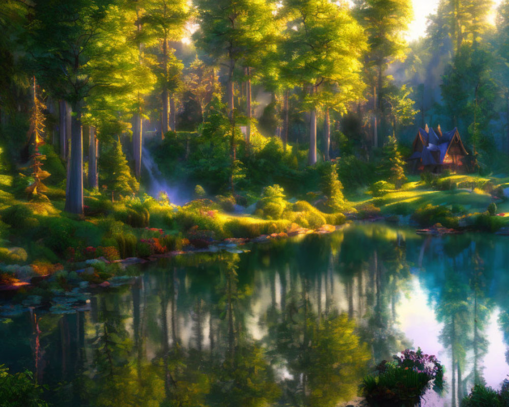 Tranquil forest scene with sunlit trees, serene lake, and cozy cabin
