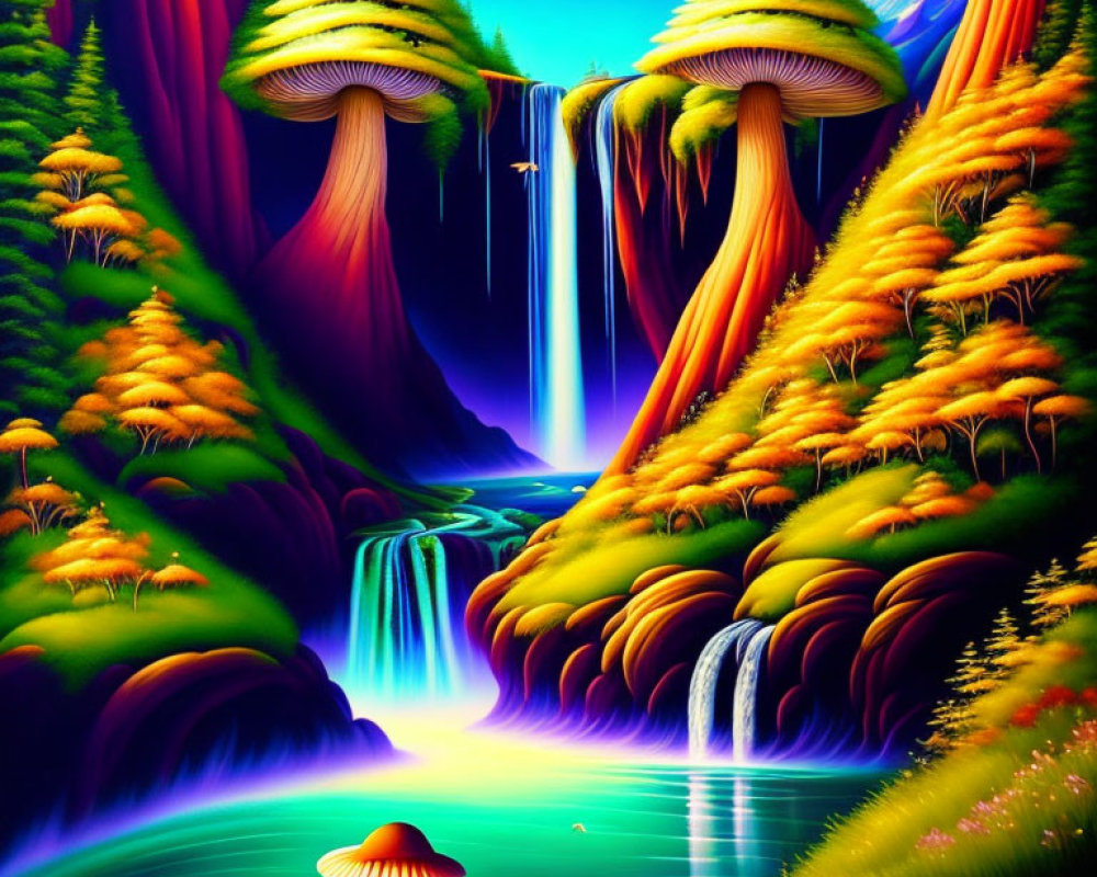 Fantastical landscape with luminous mushroom trees and waterfalls