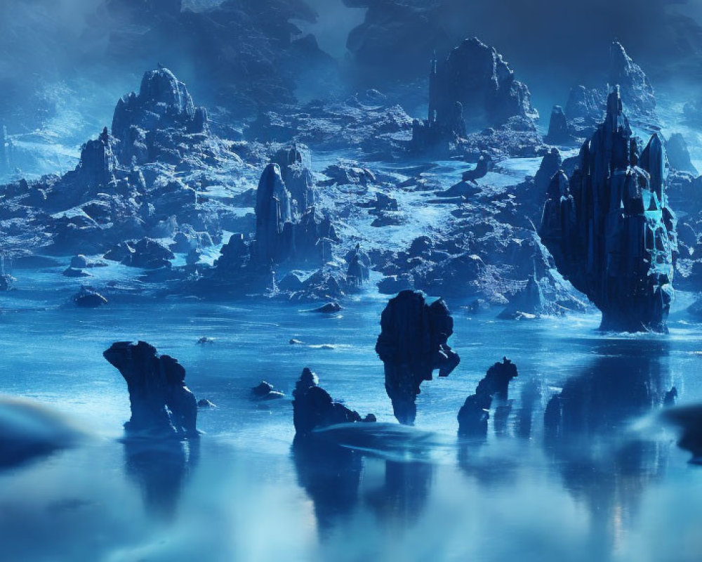 Mystical landscape with towering ice formations and tranquil blue waters