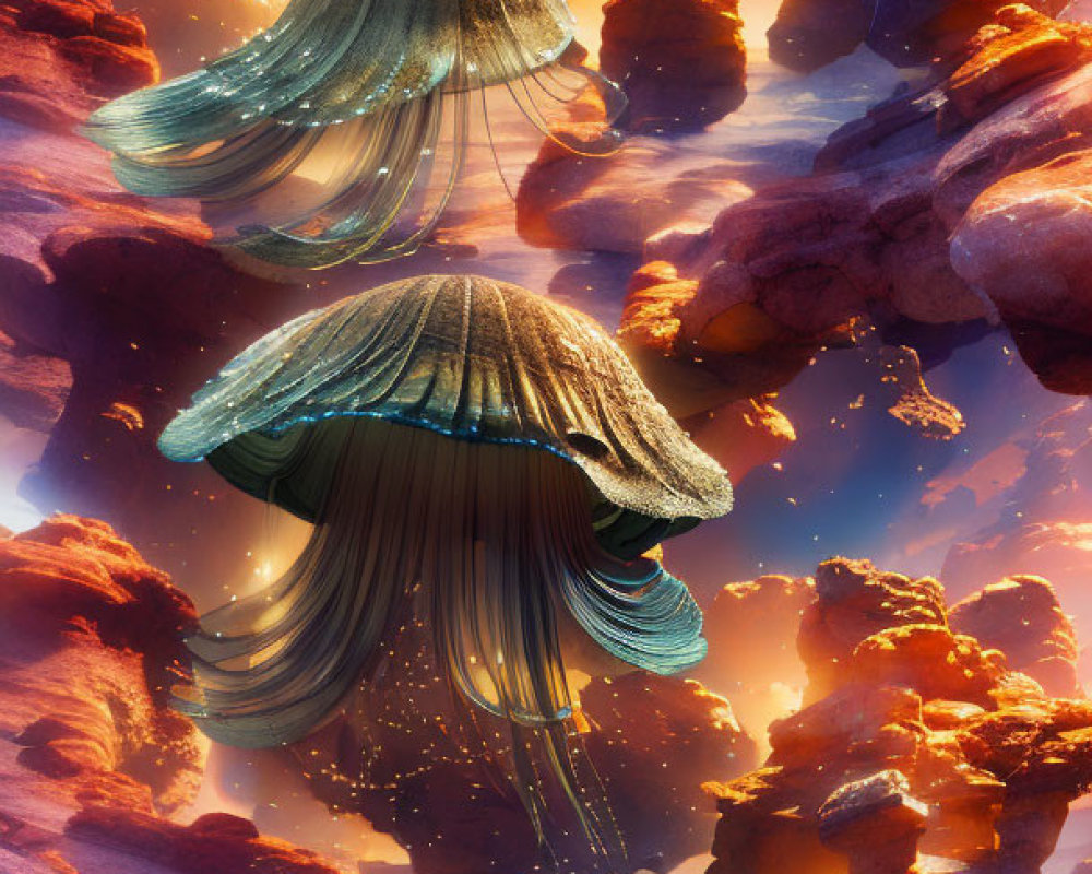 Majestic jellyfish-like creatures in surreal canyon landscape