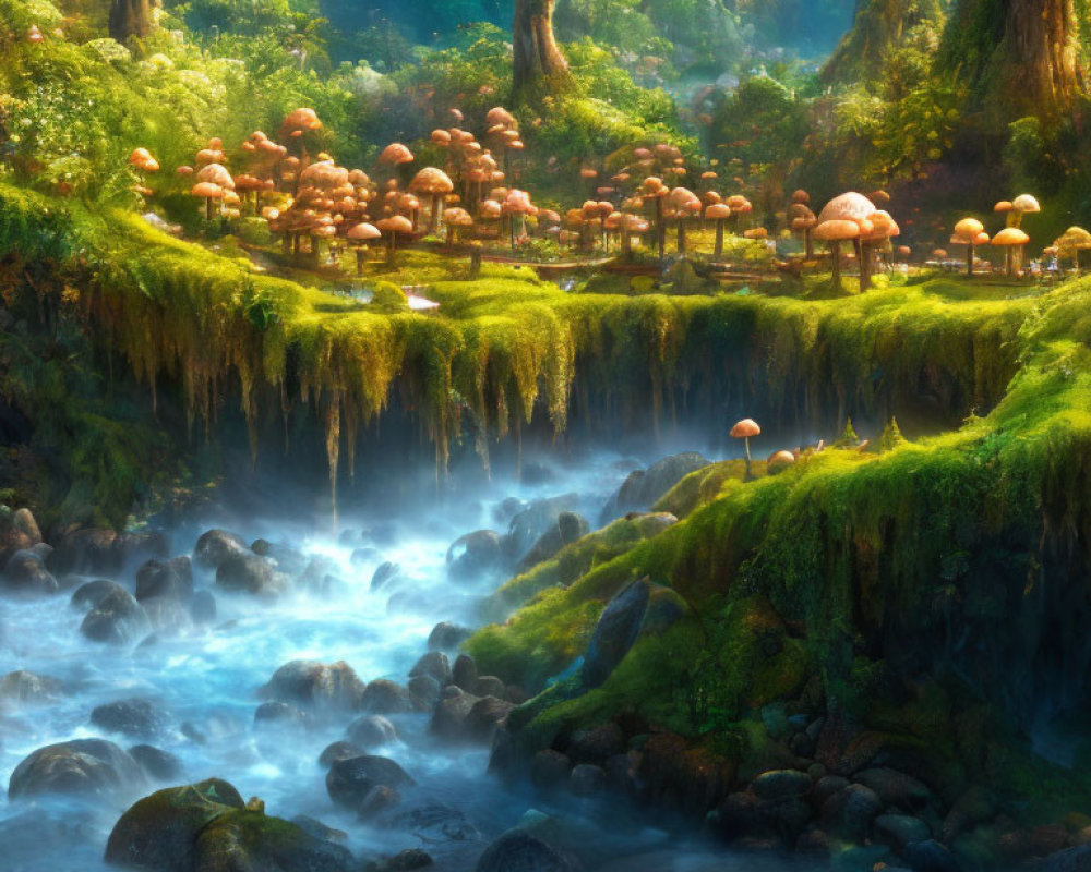 Mystical forest with lush greenery, flowing river, and oversized mushrooms