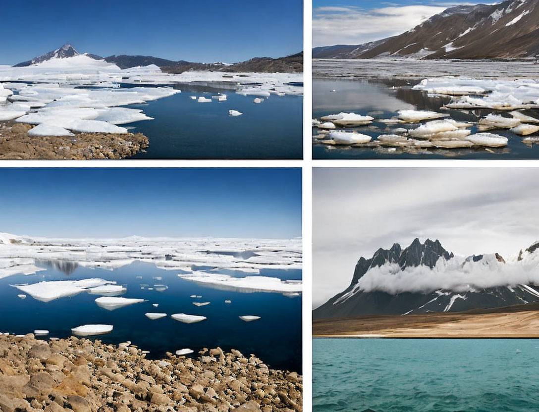 Scenic Landscapes of Blue Water, Icebergs, and Mountains