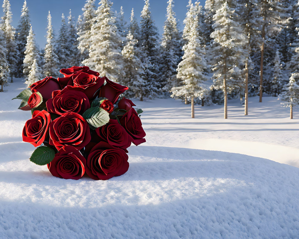 Red Roses Bouquet Against Snowy Forest Landscape