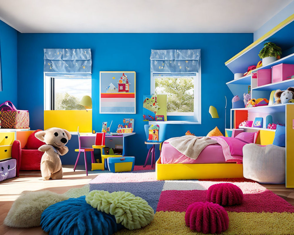 Colorful Children's Room with Blue Walls, Toy-filled Space, and Sunlit Window