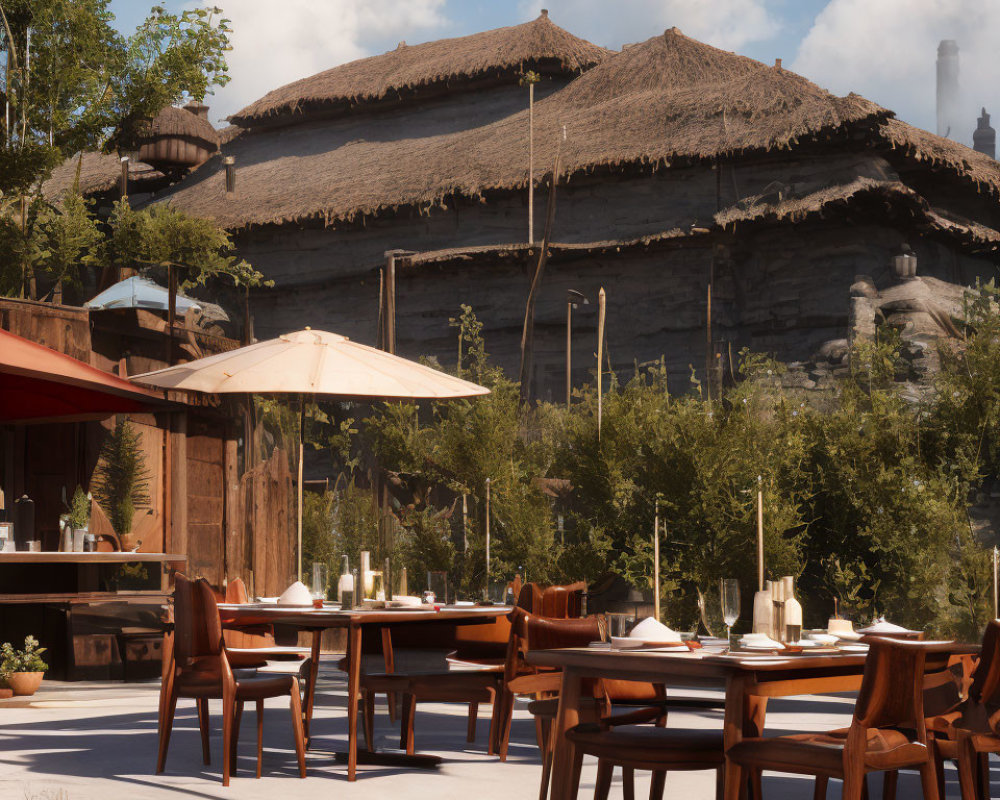 Rustic outdoor dining area with wooden furniture and thatched-roof building