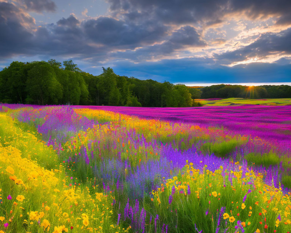 Colorful Wildflower Field Under Dramatic Sky with Breaking Clouds