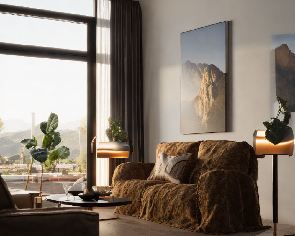 Stylish modern living room with plush sofa, floor lamps, mountain view, art, and indoor