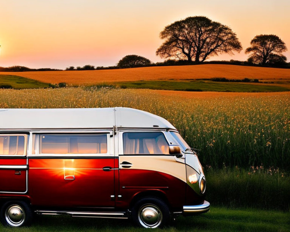 Vintage van in grassy field at sunset with trees and orange sky