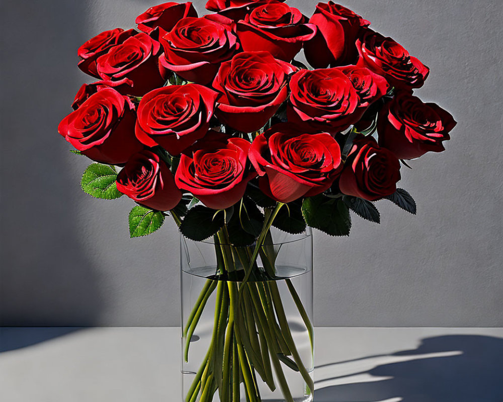 Vibrant Red Roses in Glass Vase with Sunlight Shadows