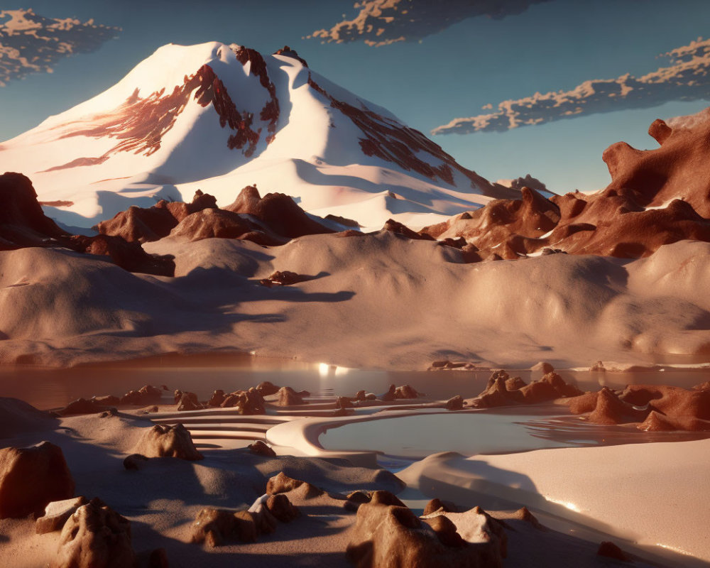 Snow-capped mountain in serene desert landscape