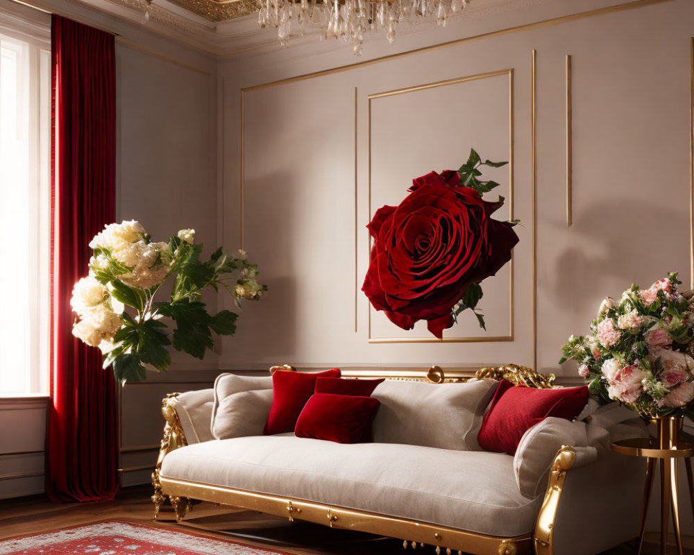 Classic Cream Sofa with Red Cushions and Rose Painting in Elegant Living Room