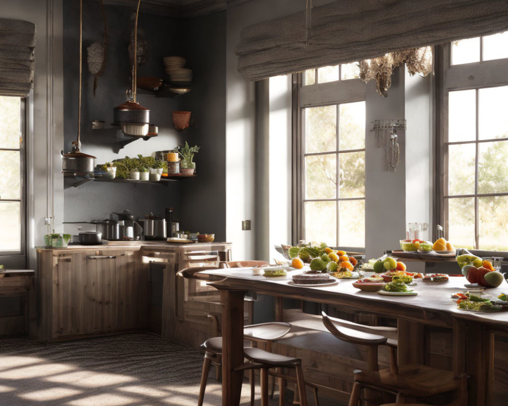 Rustic kitchen with wooden furniture, hanging pots, fresh fruit on table