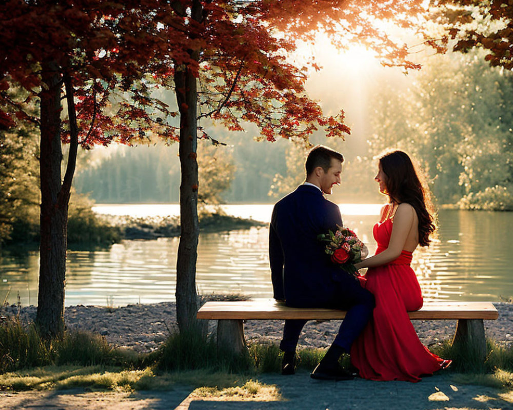 Couple in Formal Attire by Lake at Sunset amid Autumn Trees