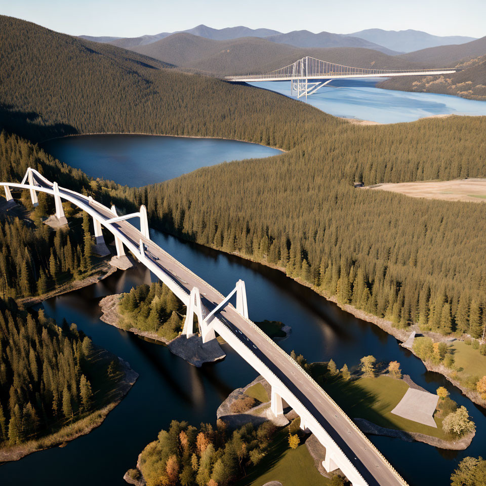 Modern cable-stayed bridge over tranquil river amidst lush green forests
