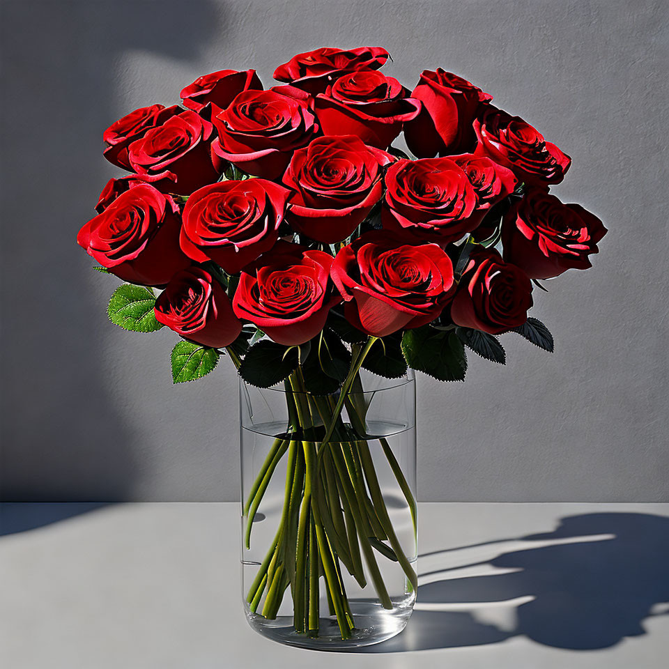 Vibrant Red Roses in Glass Vase with Sunlight Shadows