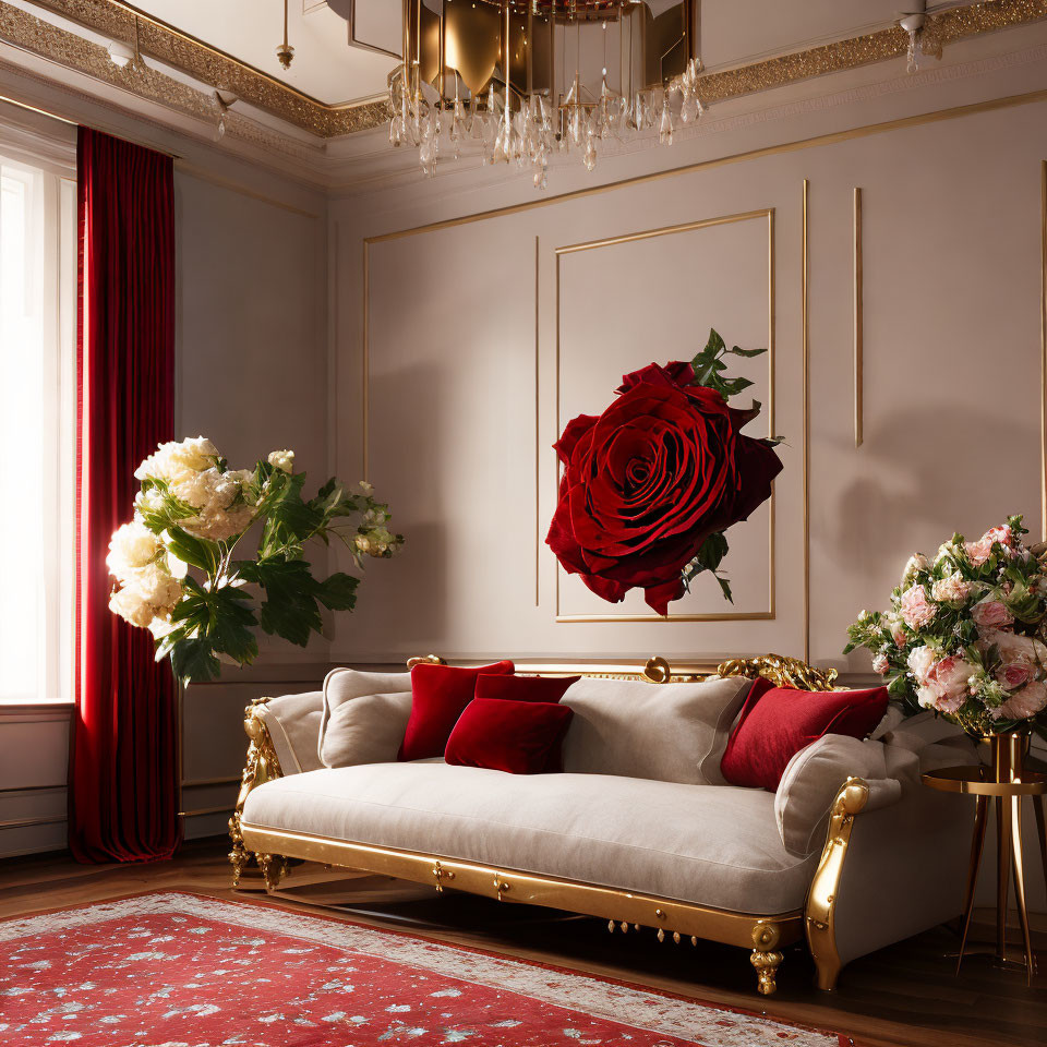 Classic Cream Sofa with Red Cushions and Rose Painting in Elegant Living Room