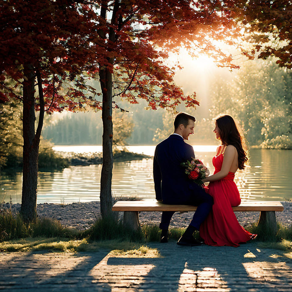 Couple in Formal Attire by Lake at Sunset amid Autumn Trees