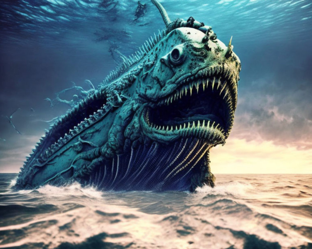 Monstrous sea creature with sharp teeth and spikes emerging from ocean
