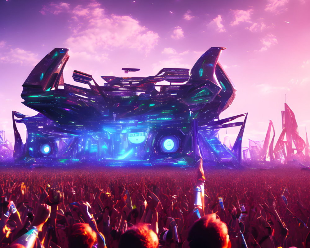 Futuristic outdoor concert with spaceship stage and neon lights