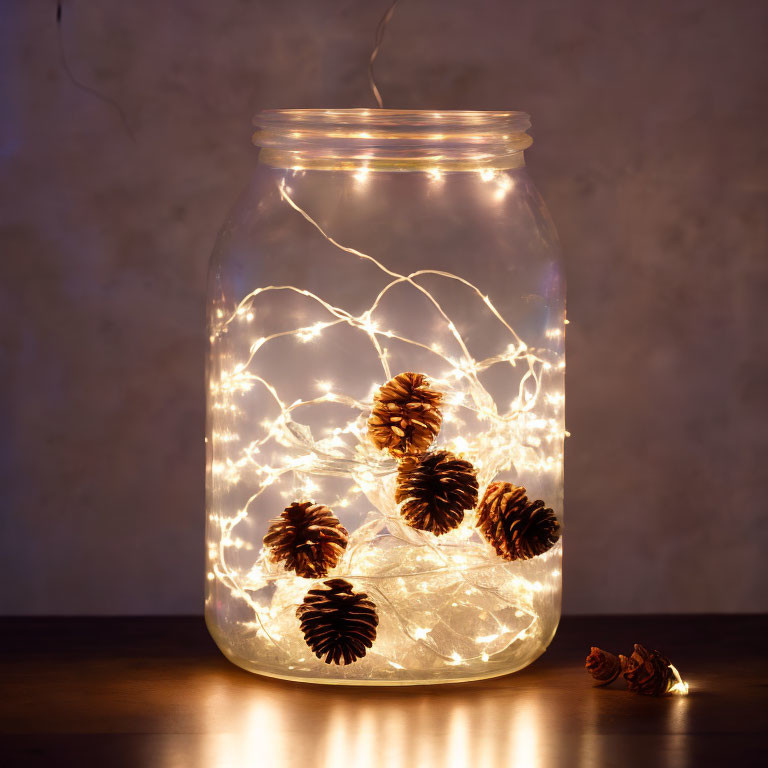 Glass jar with string lights and pine cones on wooden background