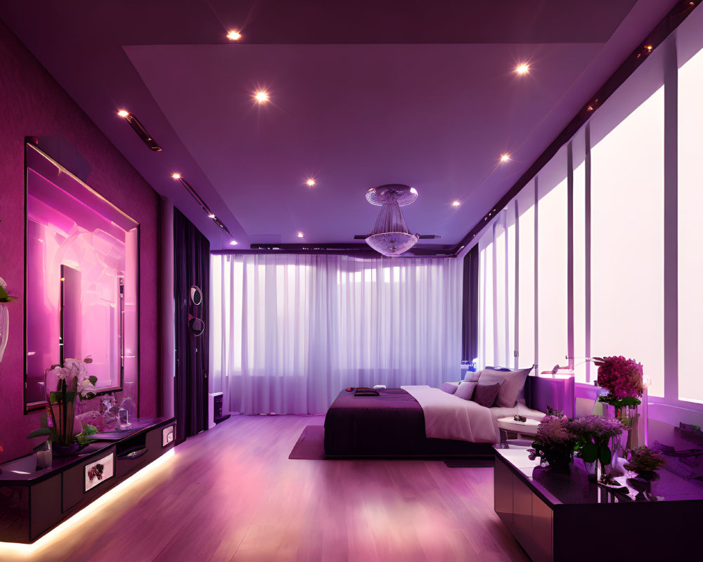 Modern Bedroom with Purple Ambient Lighting and Chic Furnishings