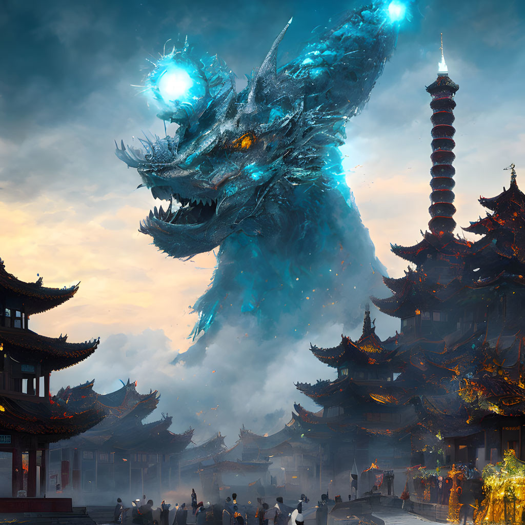 Spectral dragon overlooks ancient Asian town at dusk