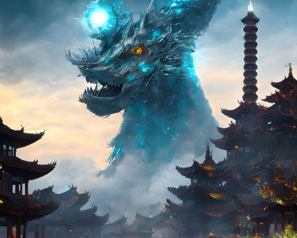 Spectral dragon overlooks ancient Asian town at dusk
