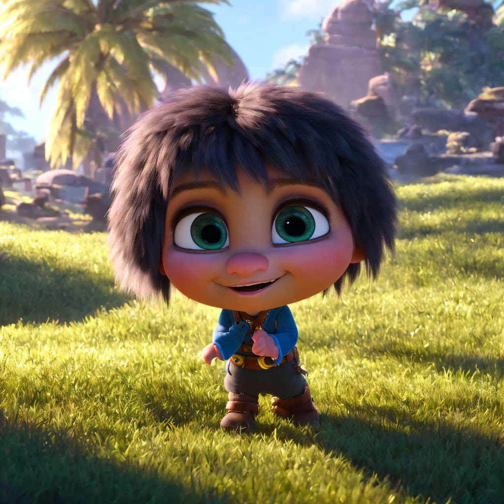 Animated character with large green eyes standing on grass with palm trees and rocks.