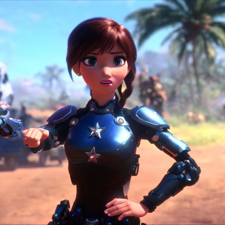 Short Brown-Haired 3D Animated Character in Futuristic Blue Armor Outdoors