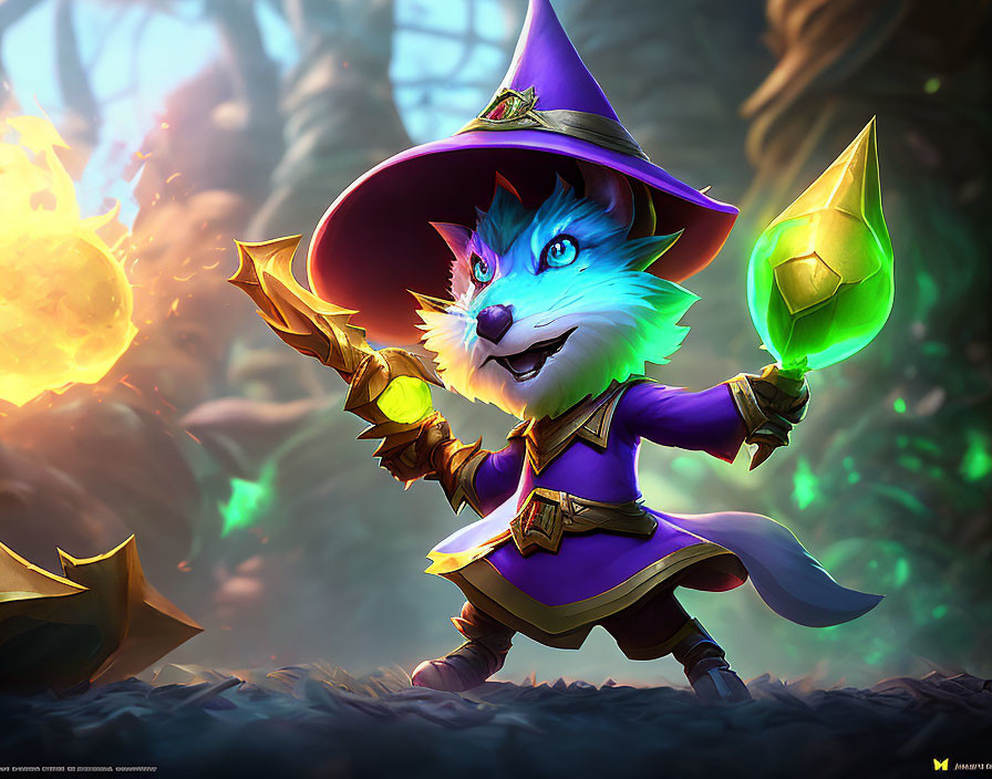 Blue anthropomorphic cat in purple wizard outfit with magical green crystal, fiery orbs, enchanted forest.