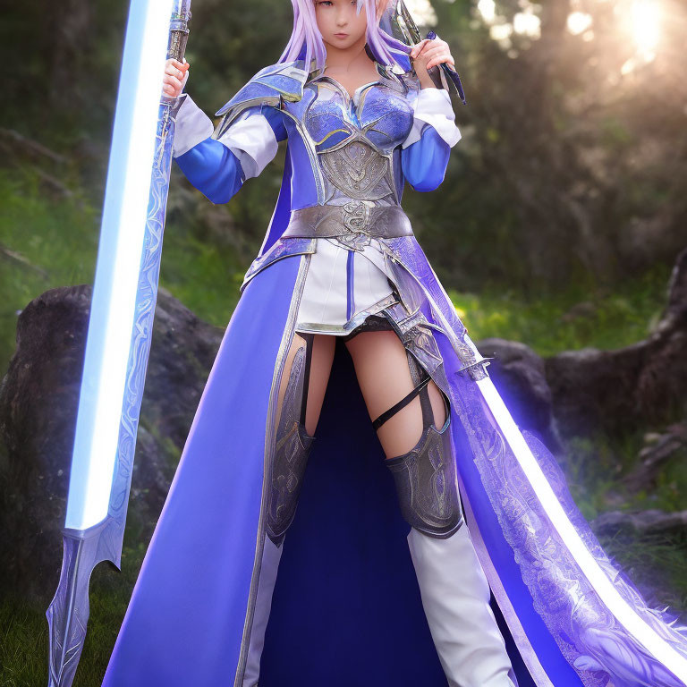 Fantasy-style armor cosplayer with blue and silver color scheme in forest setting