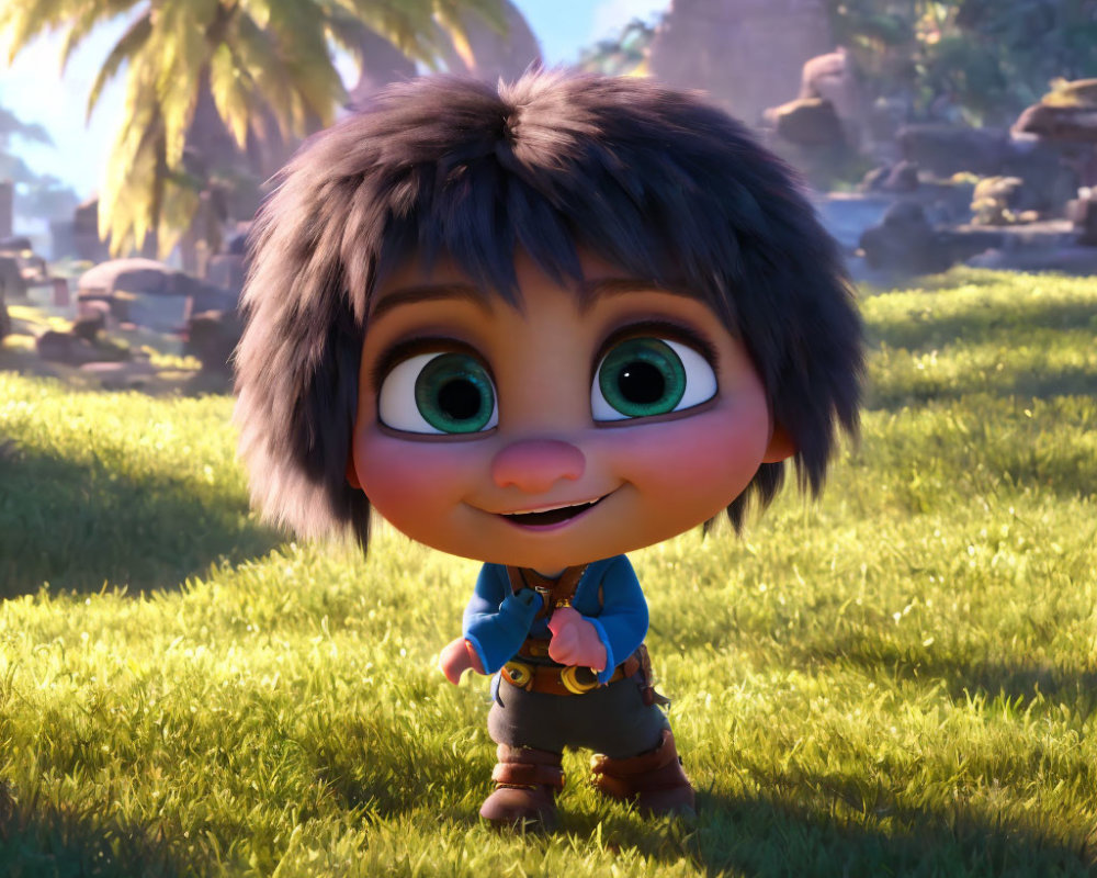 Animated character with large green eyes standing on grass with palm trees and rocks.