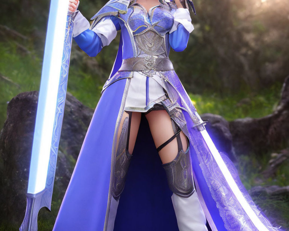 Fantasy-style armor cosplayer with blue and silver color scheme in forest setting