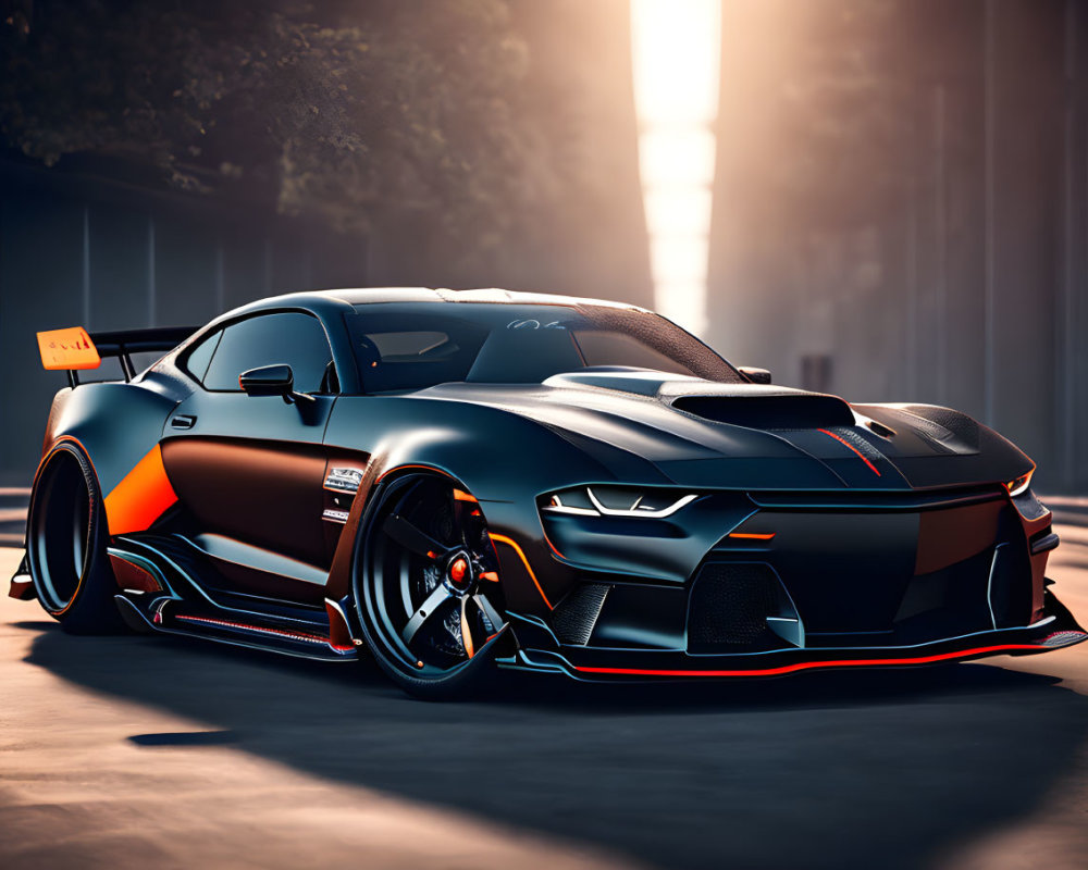 Black Sports Car with Orange and Red Accents and Racing Stripes parked under dramatic lighting