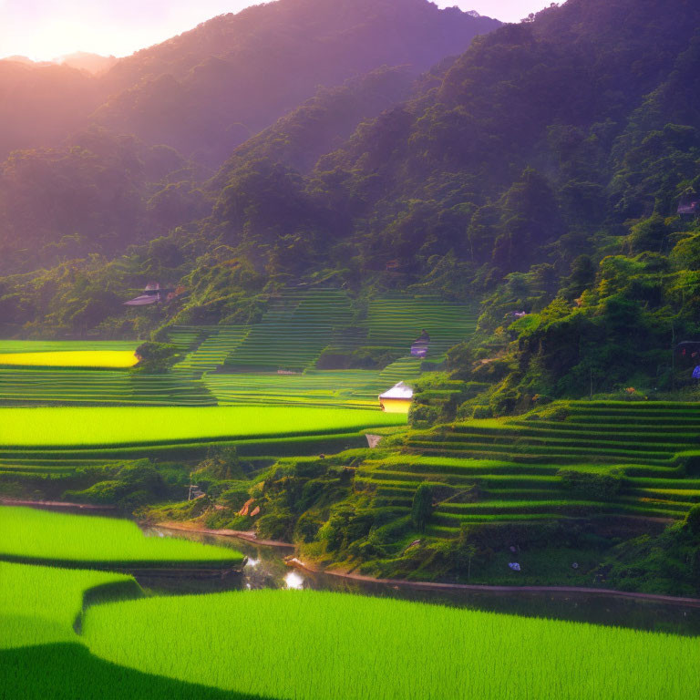 Vibrant terraced rice fields in valley with sunlight and small house