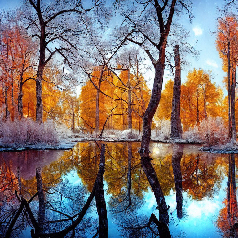 Autumn Landscape: Blue Sky, Golden Trees, Pond Reflection