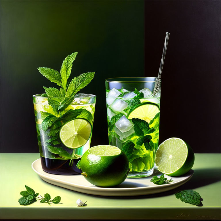 Fresh Mint Mojito Drinks with Lime and Ice on Tray