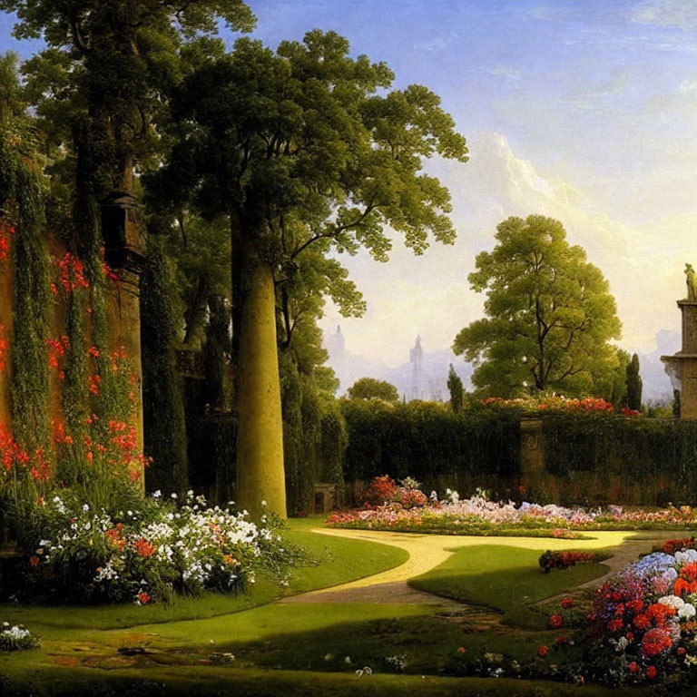 Tranquil garden pathway with vibrant flowers and lush trees towards distant classical structure