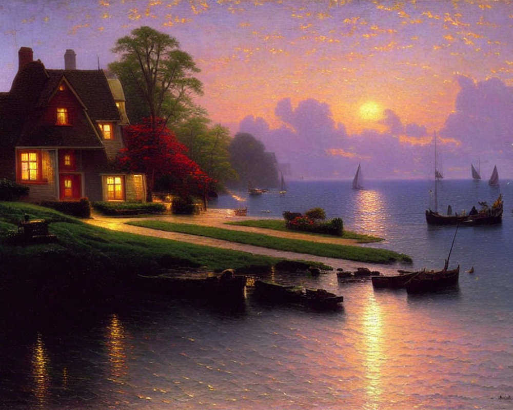 Tranquil waterside sunset with cottage, red flowers, calm sea, sailboats