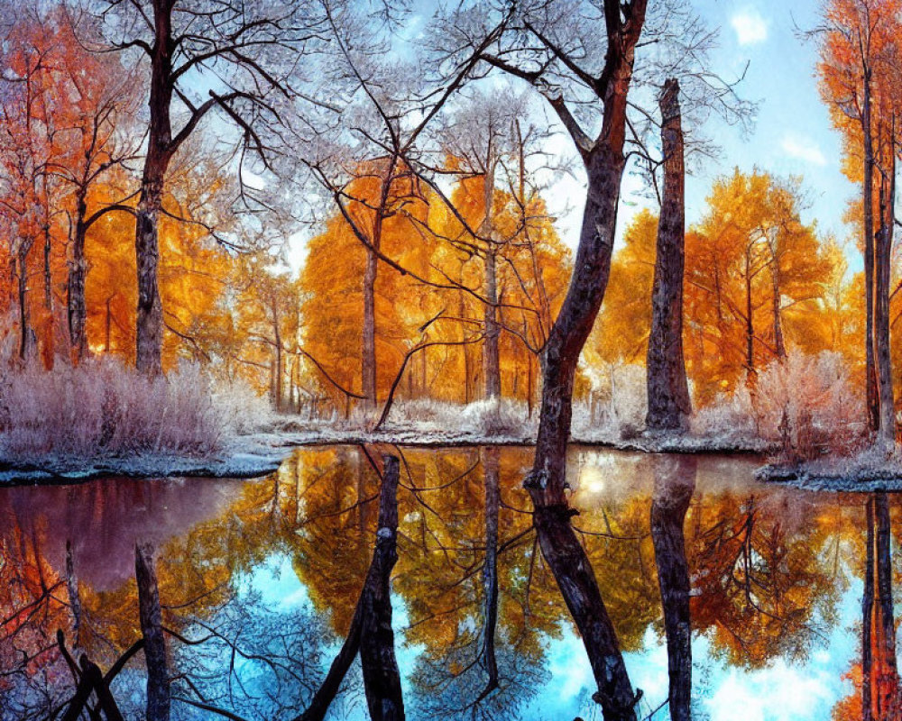 Autumn Landscape: Blue Sky, Golden Trees, Pond Reflection