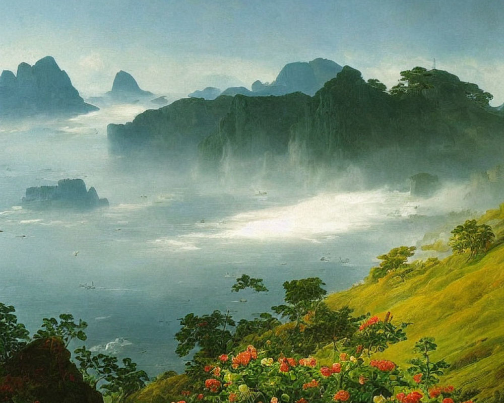 Misty mountains, river, hills, and red flowers in serene landscape