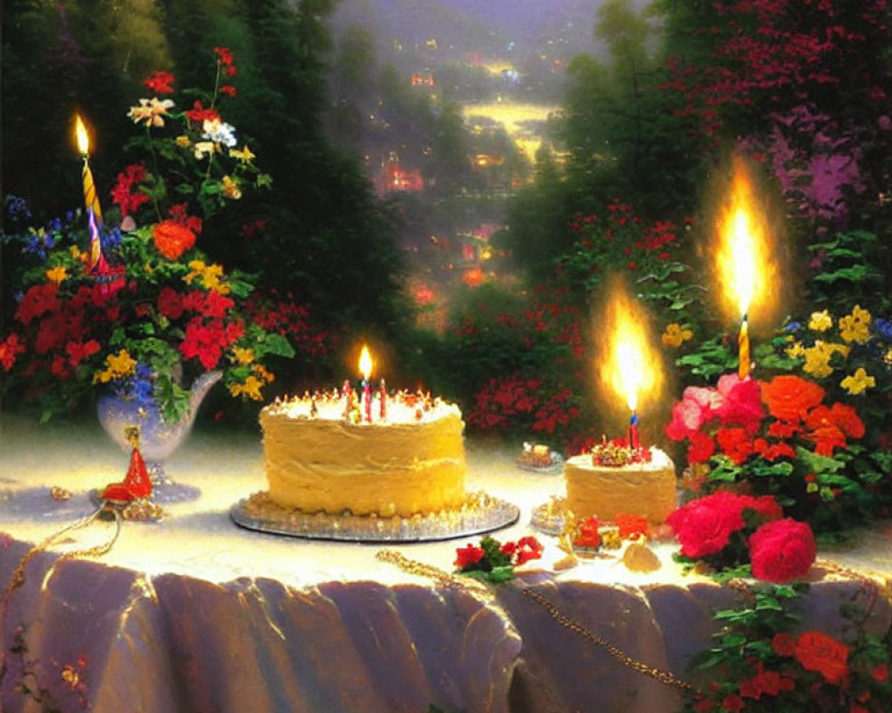 Colorful Birthday Cake Painting with Flowers and Village Scene