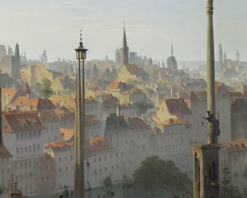 European Cityscape with Spires, Column, and Figures in 19th-Century Attire