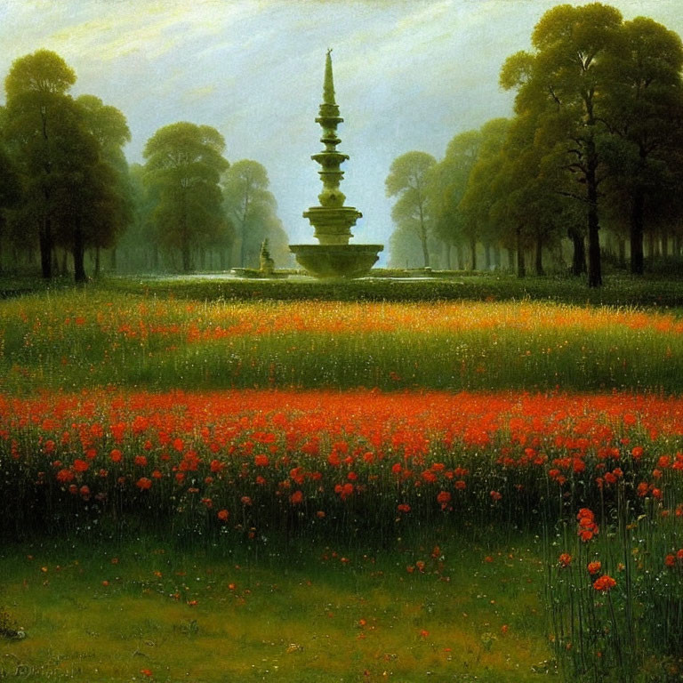 Tranquil multi-tiered fountain in field of red poppies and misty grove