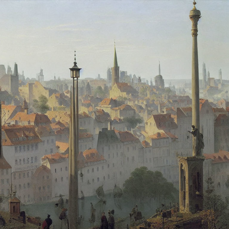 European Cityscape with Spires, Column, and Figures in 19th-Century Attire
